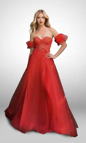 Vestido de noche largo rojo mangas desmontables detalles en corsé escote corazón talla 16
