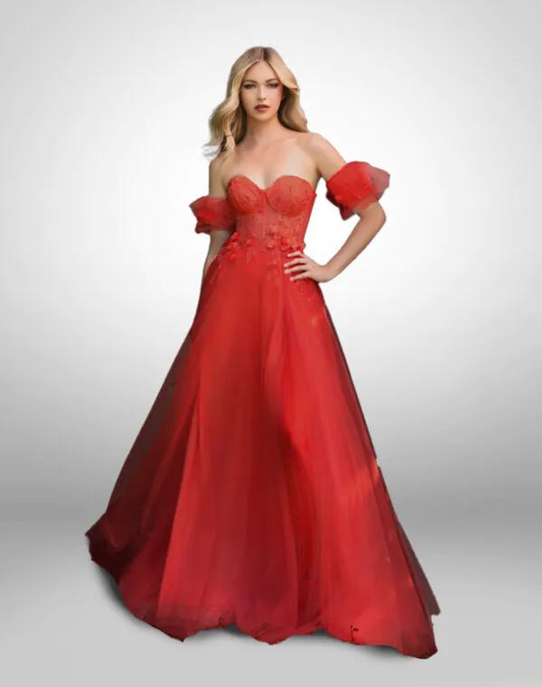 Vestido de noche largo rojo mangas desmontables detalles en corsé escote corazón talla 16
