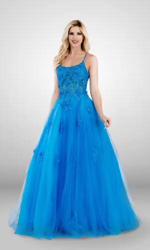 Vestido de noche largo azul transparencias en corsé aplicación de flores 3D en torso y con tirantes talla 16