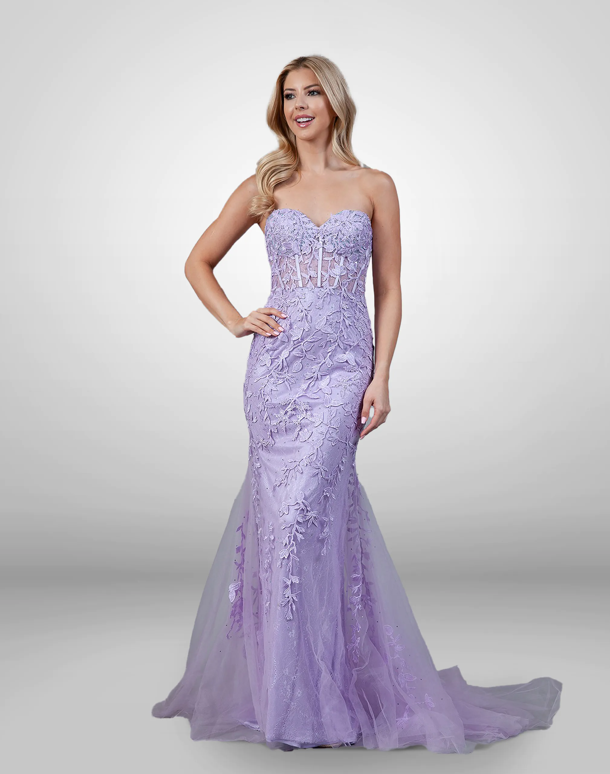 Vestido de noche color lila largo strapless flores 3D en torso y vestido talla 6