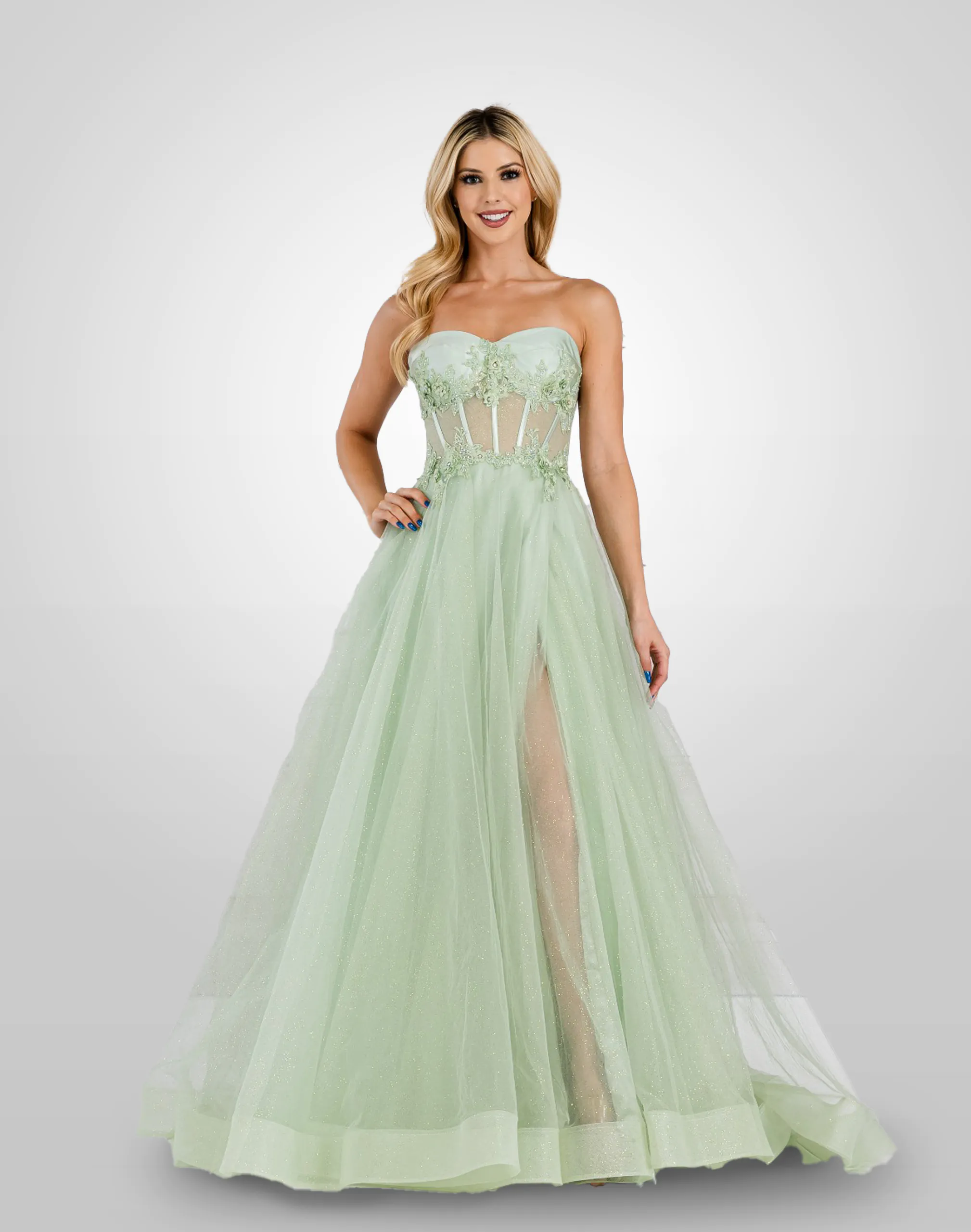 Vestido de noche verde agua largo strapless tela brillante transparencia y detalles en corsé abertura en pierna talla 8