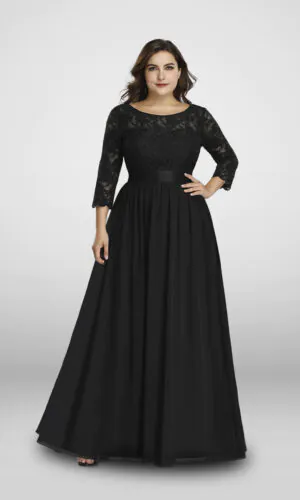 Vestido de noche largo negro manga 3/4 cuello redondo con encaje cinta en cintura talla 20w