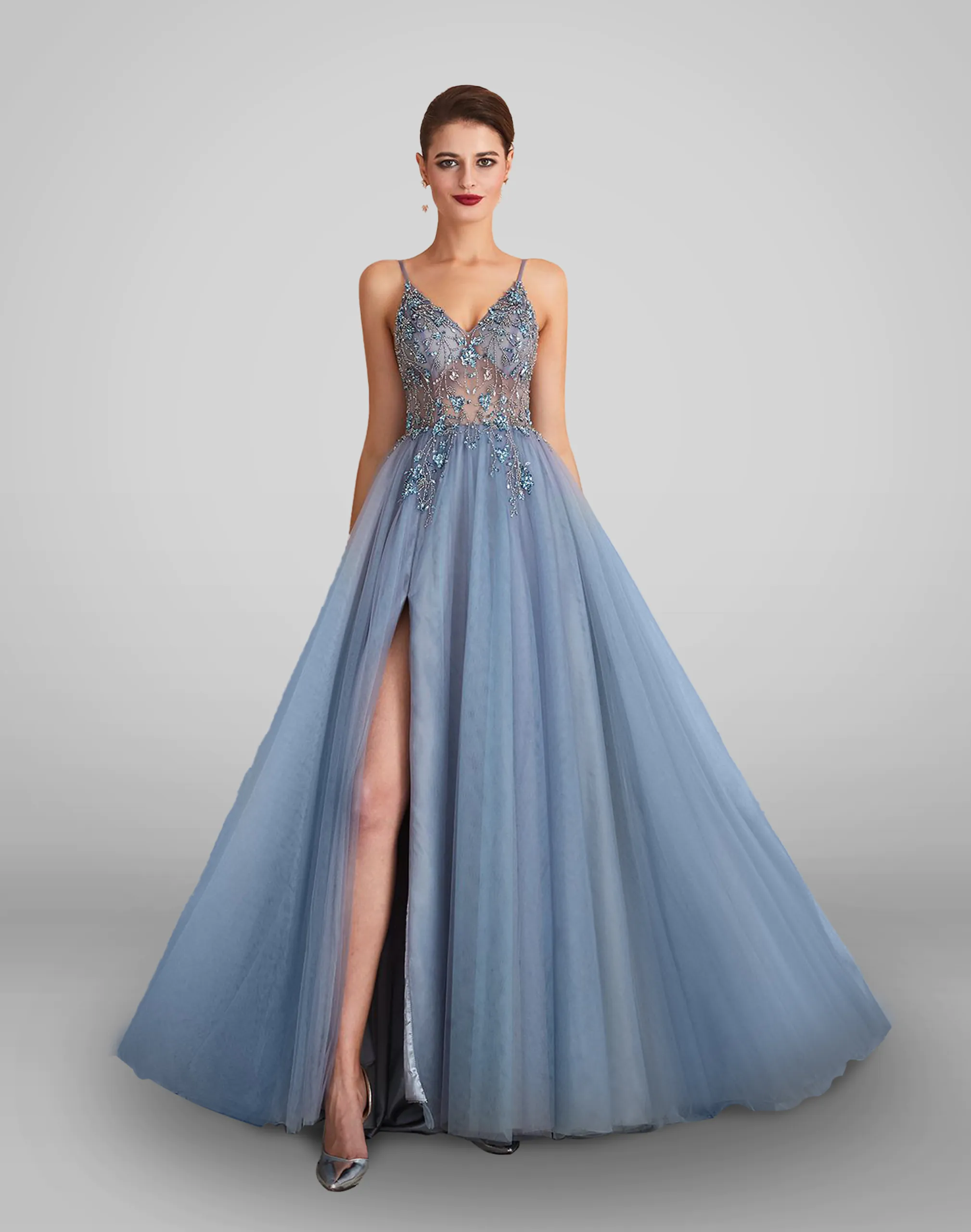 Vestido de noche color azul grisáceo talla 8