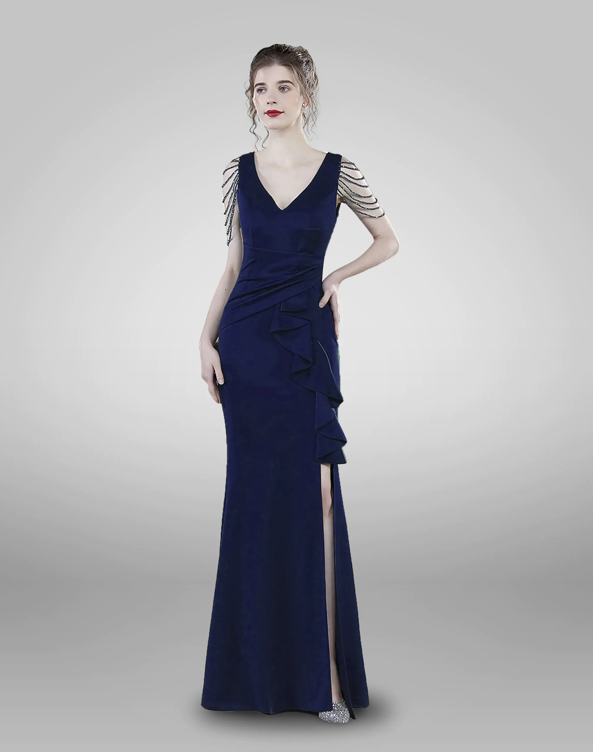 Vestido de noche largo negro flequillos en hombros color negro abertura en pierna escote en v talla 8