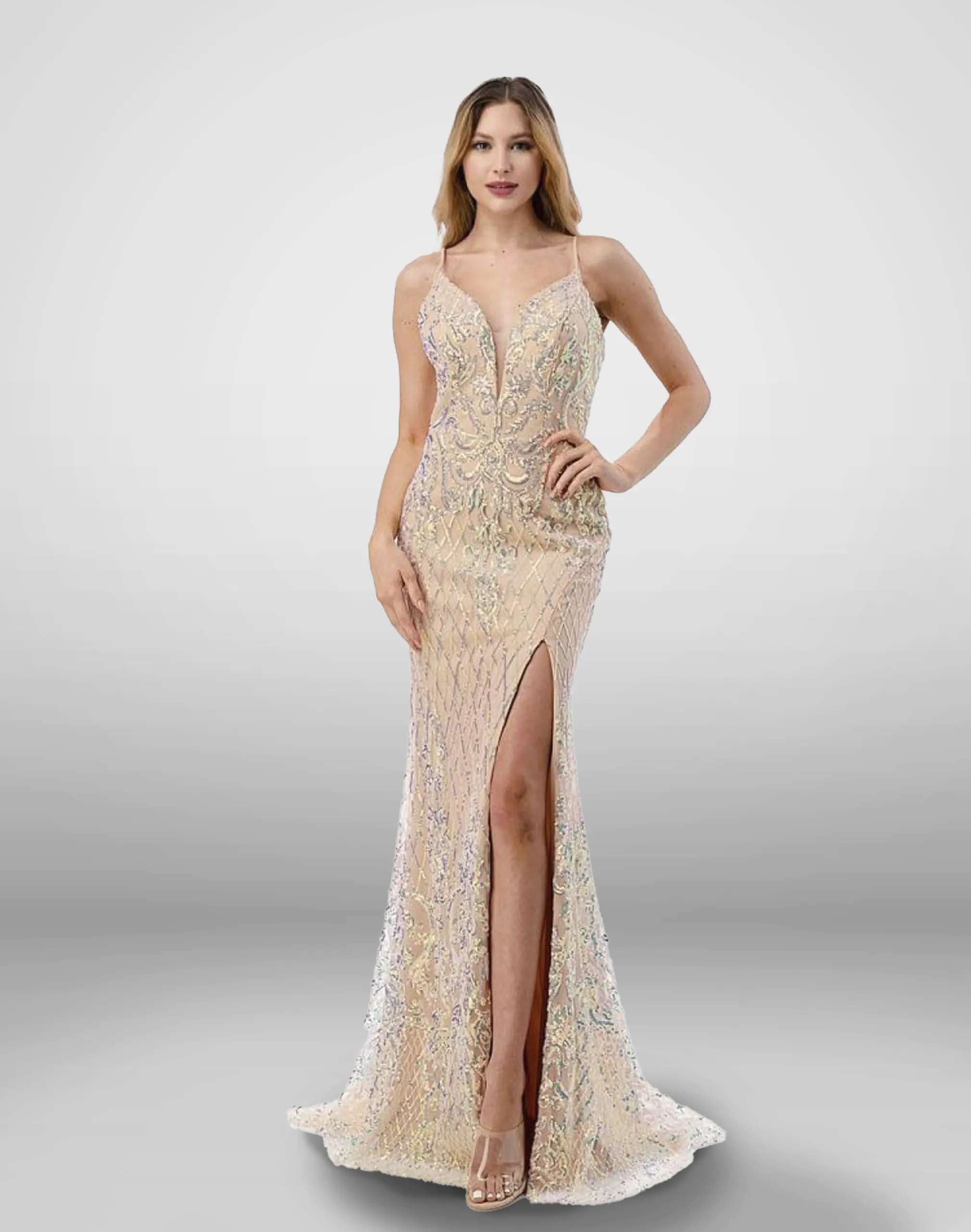 Vestido de noche color beige talla 12