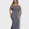 Vestido de noche largo plateado con lentejuelas hombros descubiertos talla 26w