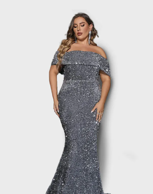 Vestido de noche largo plateado con lentejuelas hombros descubiertos talla 26w