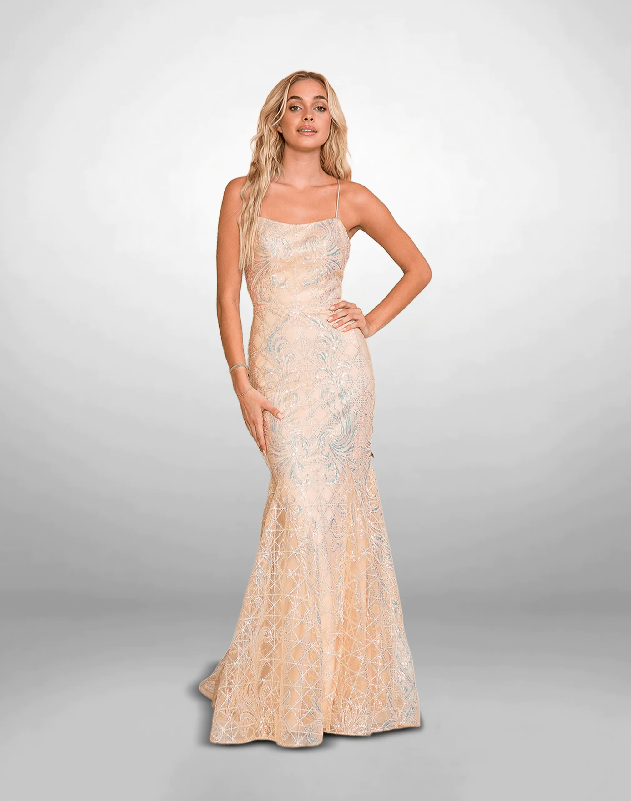 Vestido de noche talla 6, 8, 10, 12 y 16, champaña de lentejuela corte sirena con tirantes delgados y escote recto