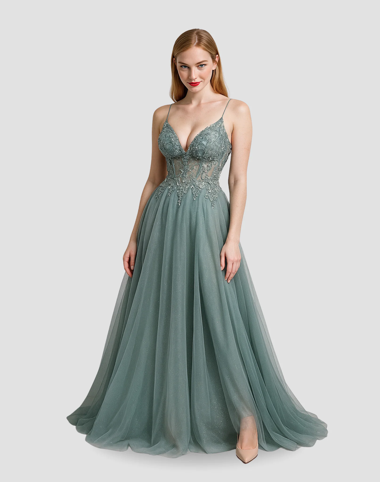 Vestido de noche, color verde grisáceo suave, escote en V, corsé con transparencia y encaje, tirantes delgados, talla 6