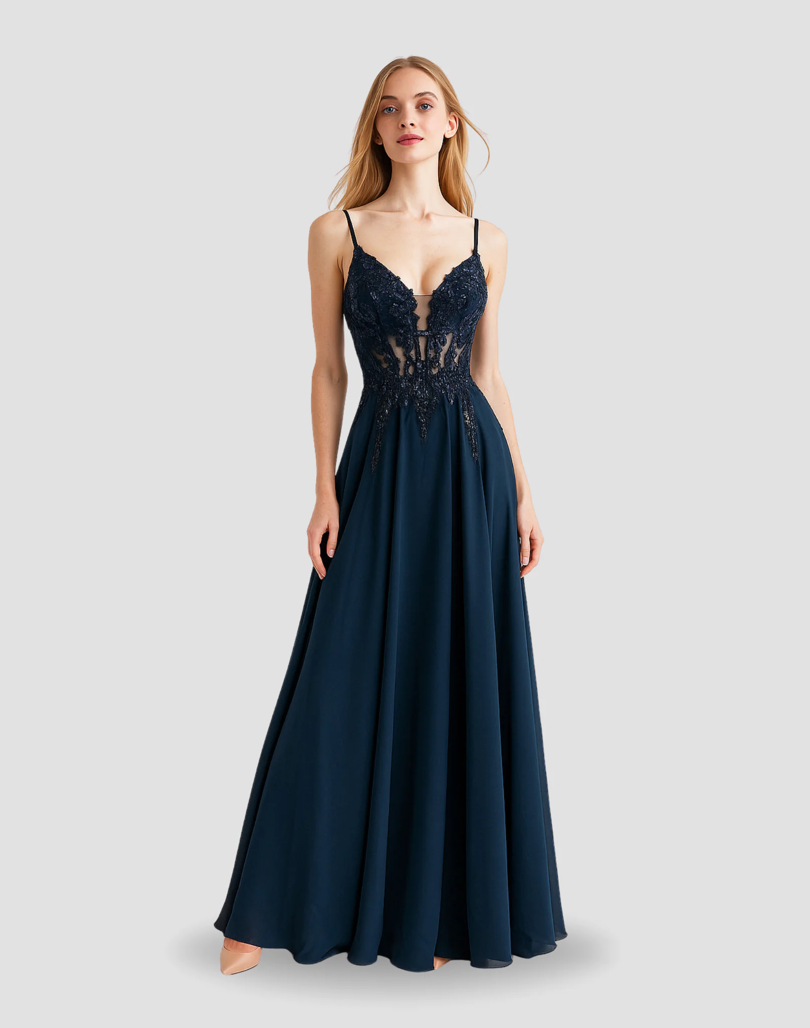 Vestido de noche, color azul rey, escote profundo en V, tirantes delgados, corsé con transparencia y encaje, tirantes de espalda en X, talla 6