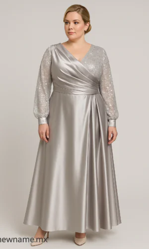 vestido de noche plateado con mangas