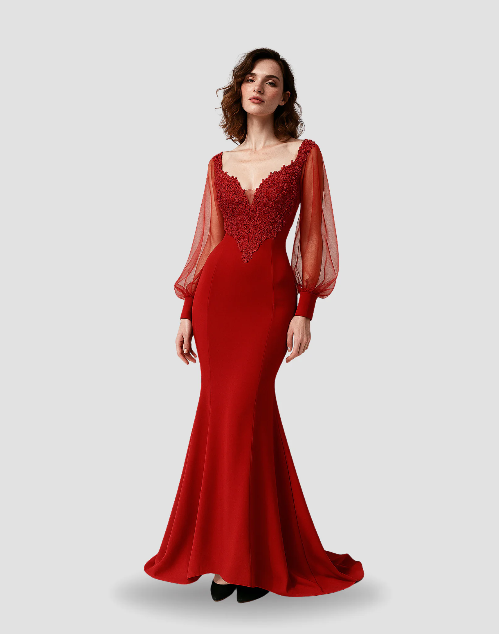 Vestido de noche, color rojo, escote V, corsé con encaje, mangas largas y transparentes, escote V en espalda, talla 12