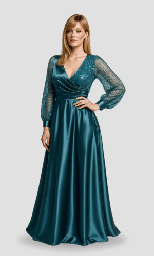 Vestido de noche, color azul, escote en V, mangas largas transparentes, entallado en la cintura, talla 18