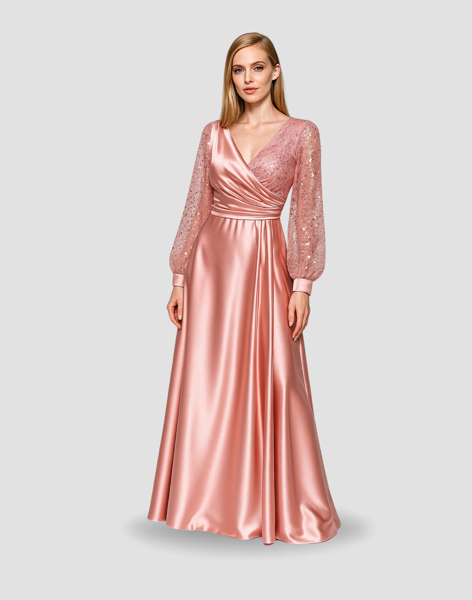 Vestido de noche, color rosa, escote en V, mangas largas transparentes, entallado en la cintura