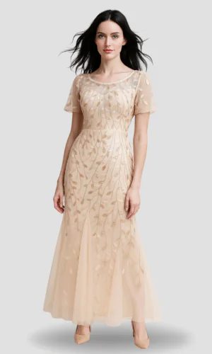 Vestido de noche, color beige, bordados florales, manga corta transparente, entallado en la cintura, talla 16