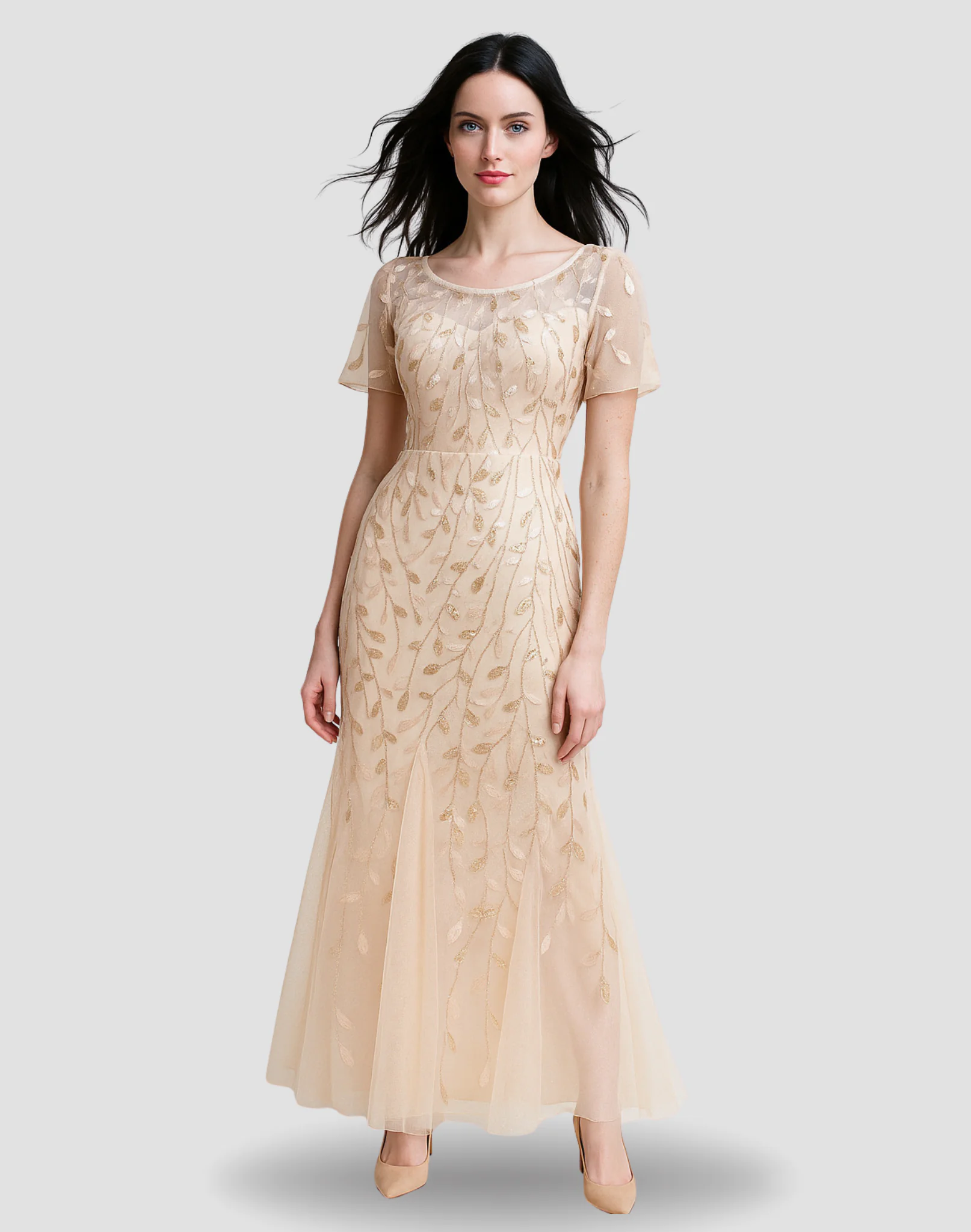 Vestido de noche, color beige, bordados florales, manga corta transparente, entallado en la cintura, talla 16