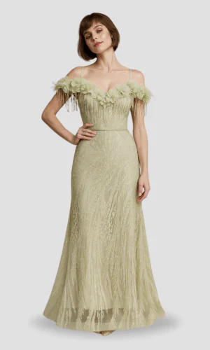 Vestido de noche, color amarillo, escote con diseño de flores 3D, talla 14