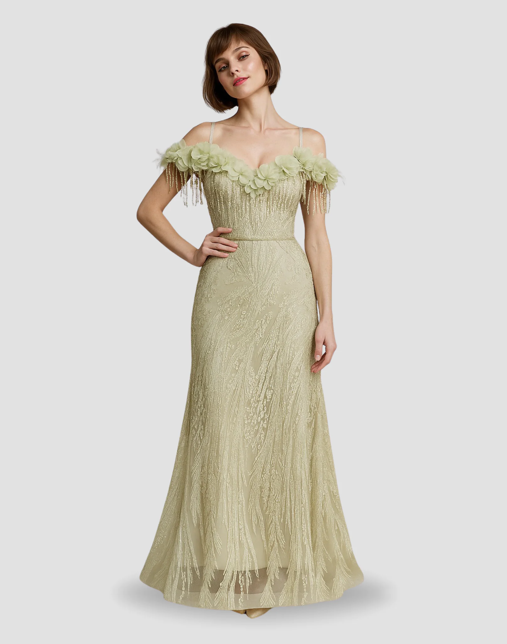 Vestido de noche, color amarillo, escote con diseño de flores 3D, talla 14