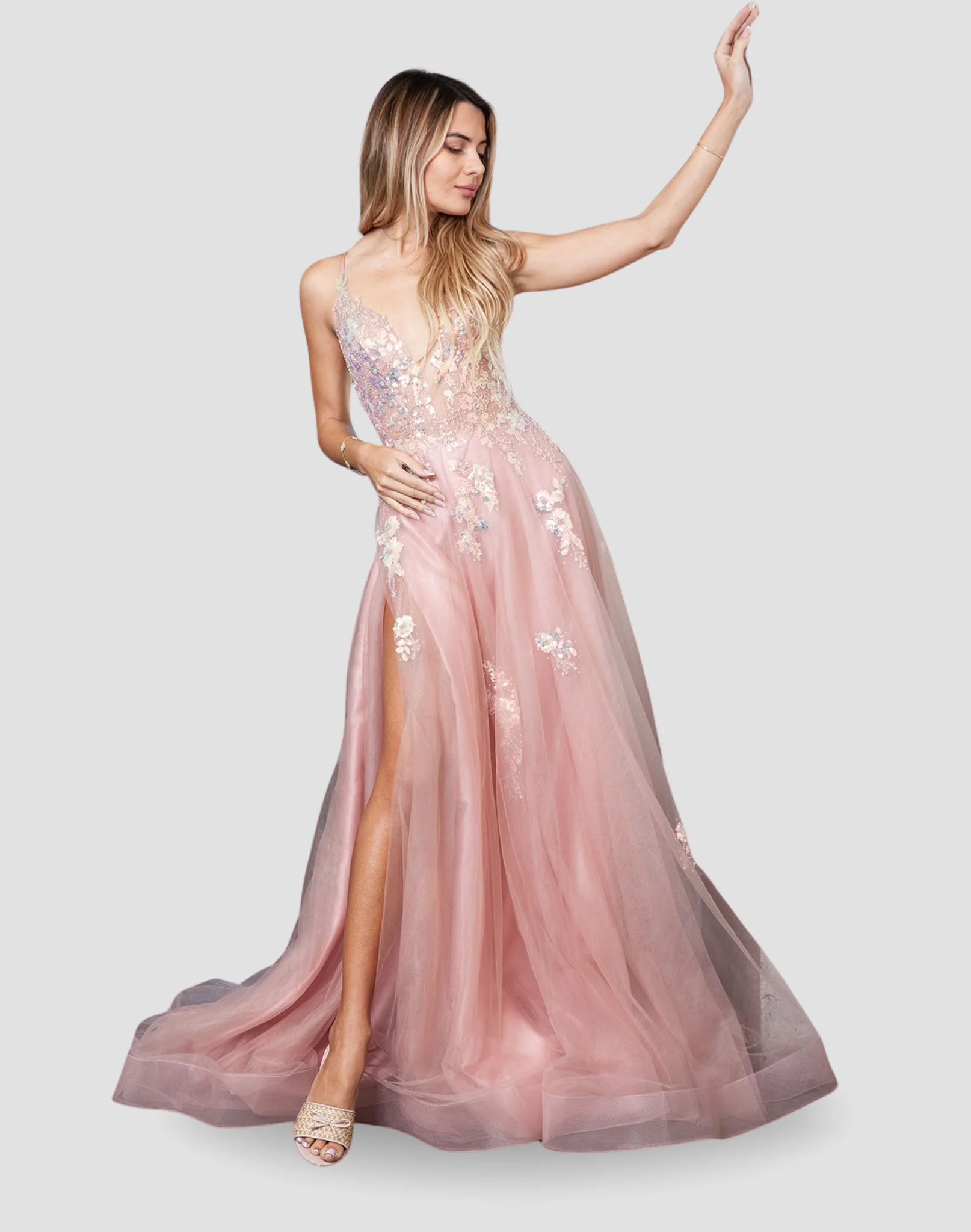 Vestido de noche, color rosa claro, escote profundo en V, tirantes delgados, bordado de flores en corsé y falda, talla 2 y 12