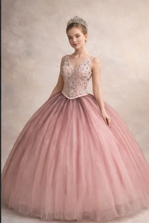 Vestido de XV años talla 4, corte princesa rosa palo con escote en V, corsé de pedrería y falda amplia de tul