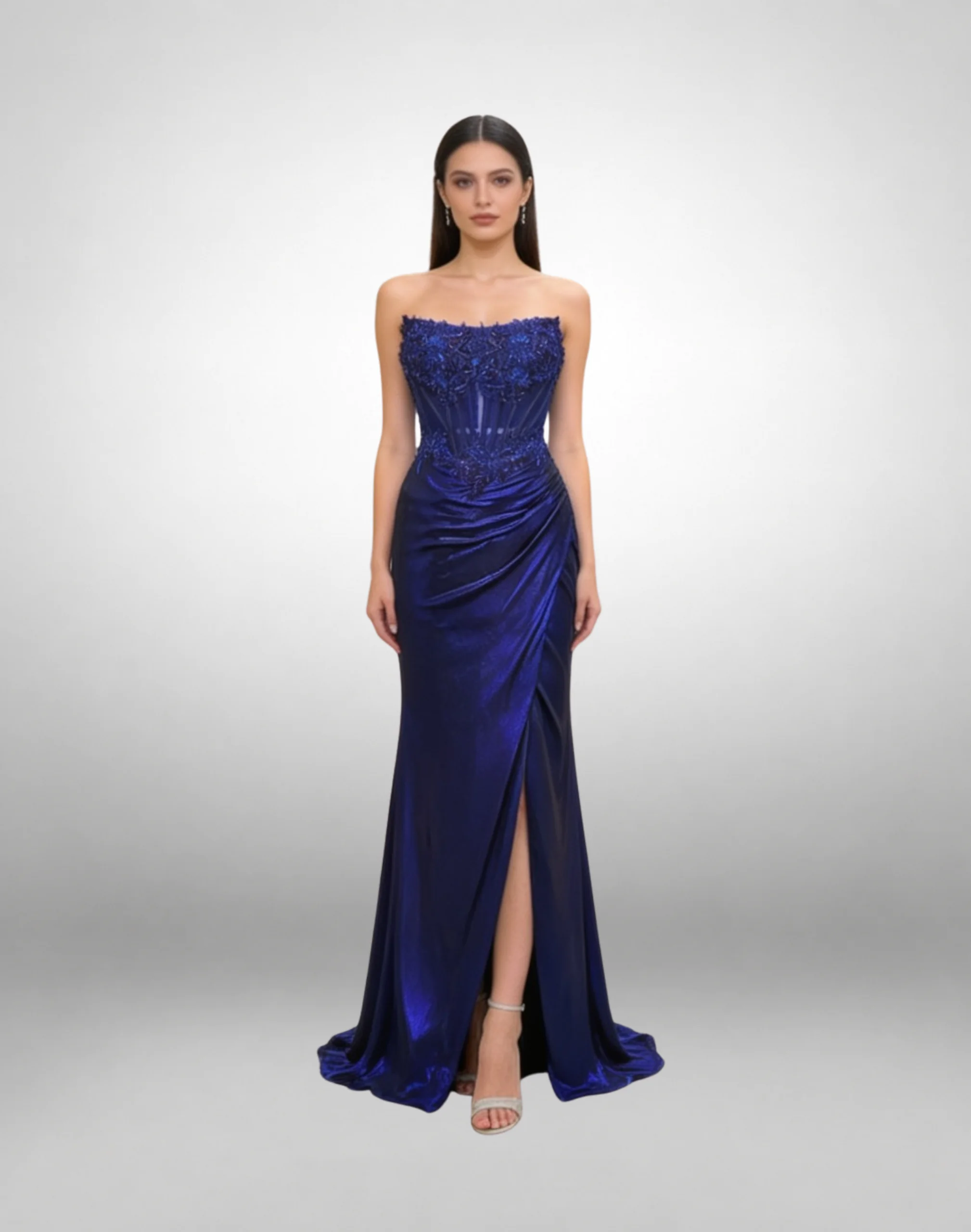 Vestido de noche talla 10, azul rey satinado strapless con corsé de encaje, falda drapeada y abertura en pierna