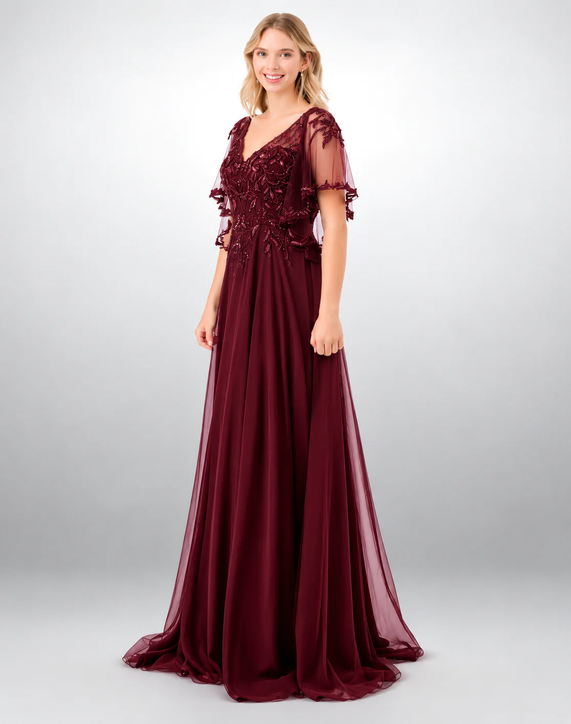 Vestido de noche talla 16, vino corte A con escote en V, corpiño de encaje, mangas de tul y falda vaporosa