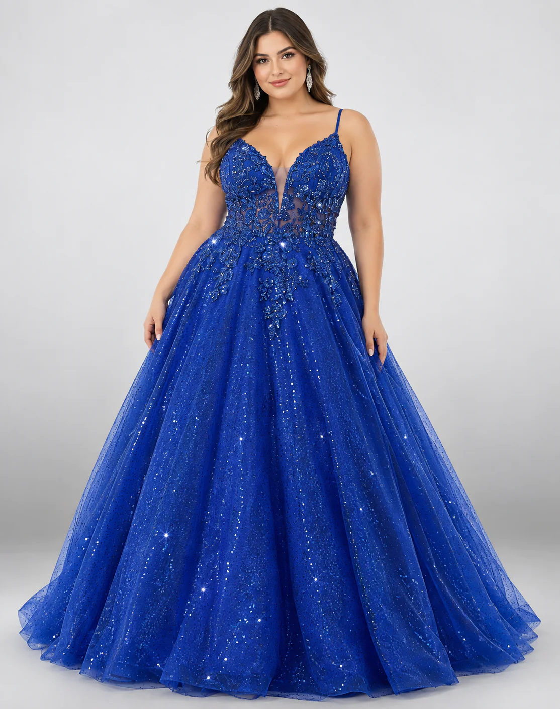 Vestido de noche talla 18, azul rey corte princesa con tirantes delgados, escote en V con encaje y falda de tul con brillos